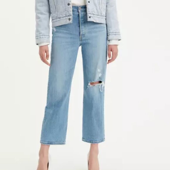 Levi's Ribcage Straight Ankle Jeans 27 Stonewash Button Fly Stretch Distressed - Picture 1 of 14
